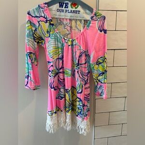 Lilly Pulitzer Floral Pink Women's Top with crochet Hem Sz XS Vguc